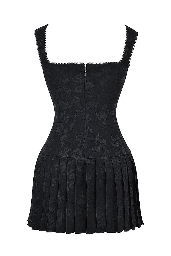 Luxe Lace Up Vintage Embroidery A Line Pleated Mini Dress