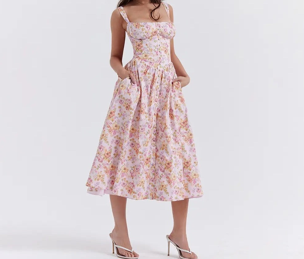 Floral Print Lace Up Midi Dress