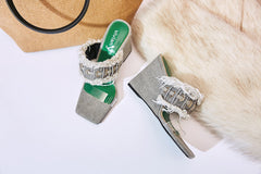 Grey Denim Open Toe Frayed Clear Wedge Sandals