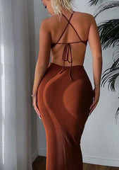 Ribbed Backless Halter Maxi Dress