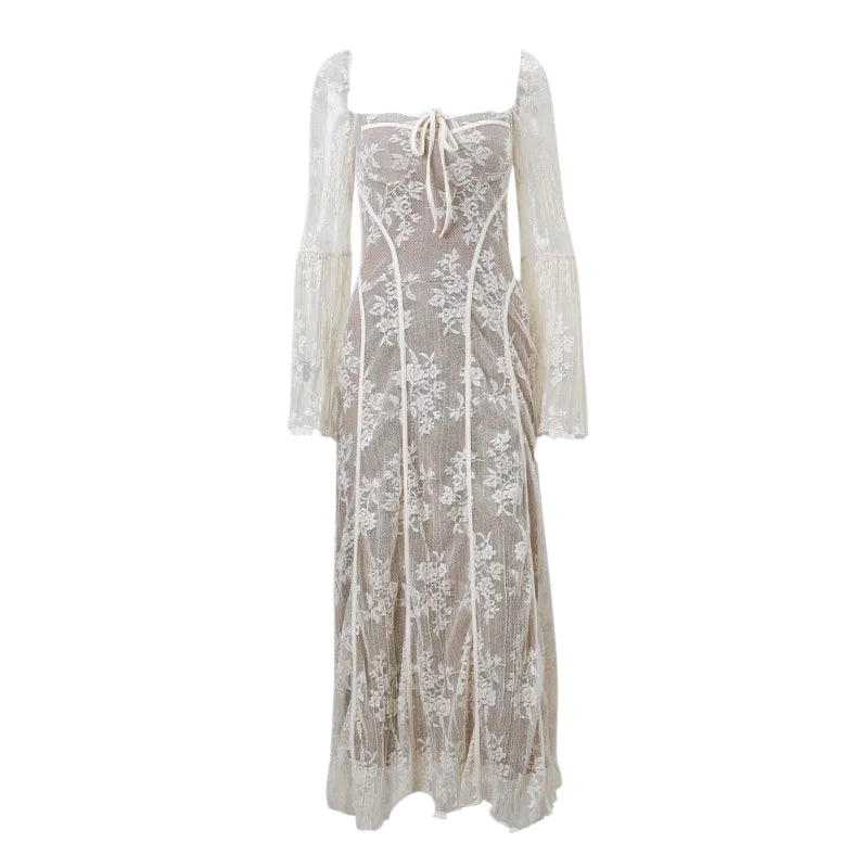 Luxe Vintage Square Collar Lace Long Sleeve Maxi Dress