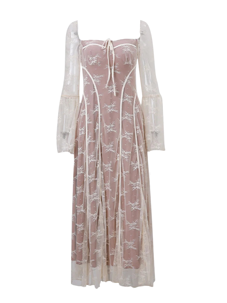 Luxe Vintage Square Collar Lace Long Sleeve Maxi Dress