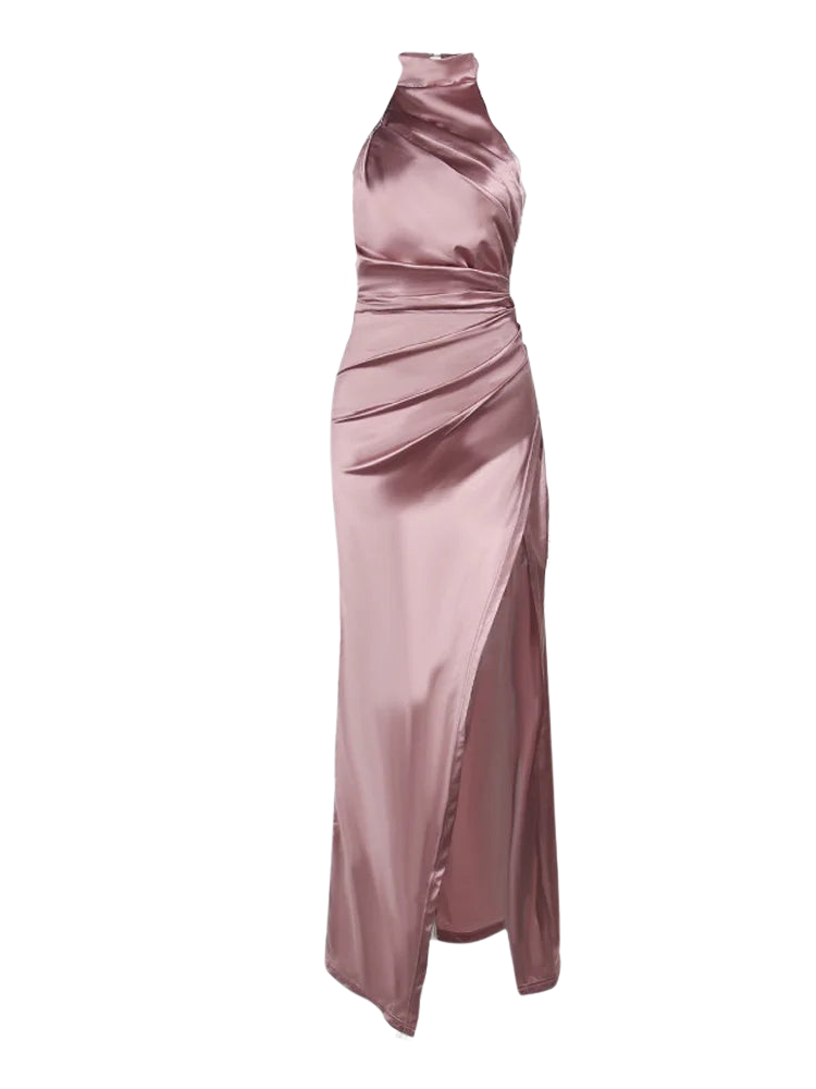 Ruched Satin Sleeveless Halter Neck Side Slit Maxi Dress