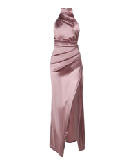 Ruched Satin Sleeveless Halter Neck Side Slit Maxi Dress