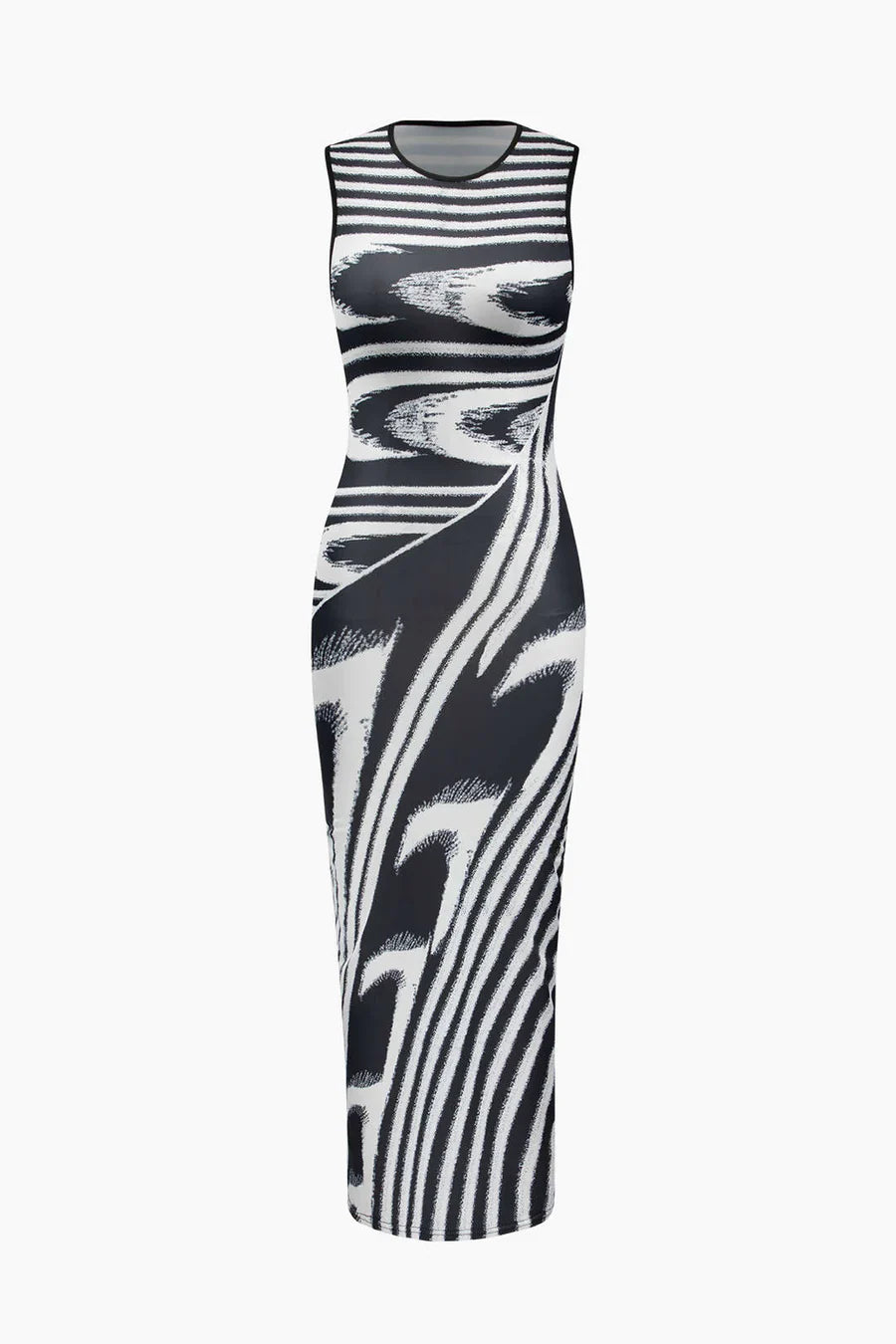 Abstract Monochrome Sleeveless Maxi Dress