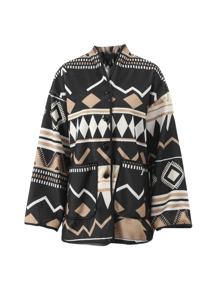 Print Woolen Patchwork Cardigan Coat