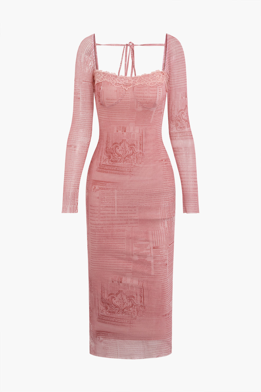 Pink Newspaper Print Long Sleeve Tie Backless Midi Dress