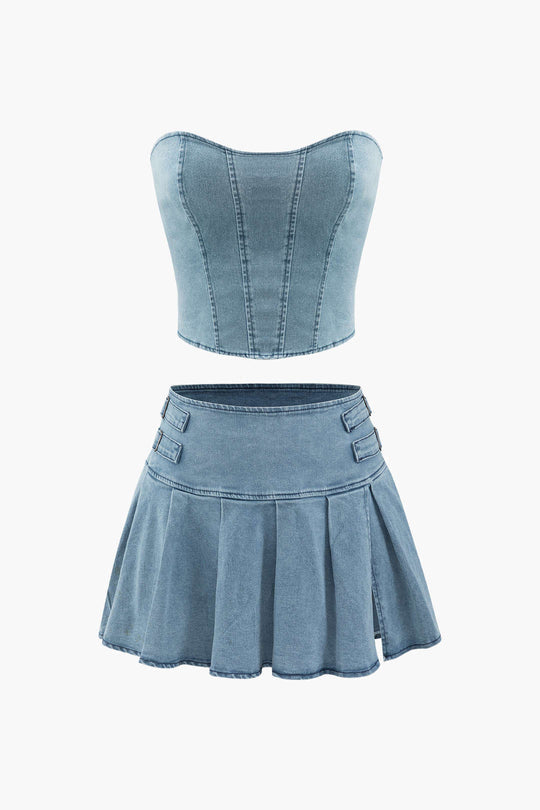 Denim Strapless Skirt Two Piece Set