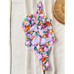 Debbie Flowers Printed Asymmetric Cut Out One Piece Swimsuit