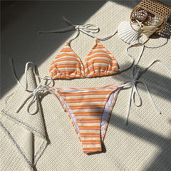 Beth Striped Halter High Leg Cut Bikini