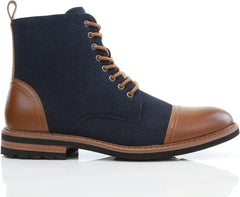 Men's Vegan Leather Blue/Brown Lace Up Ankle Dress Boots