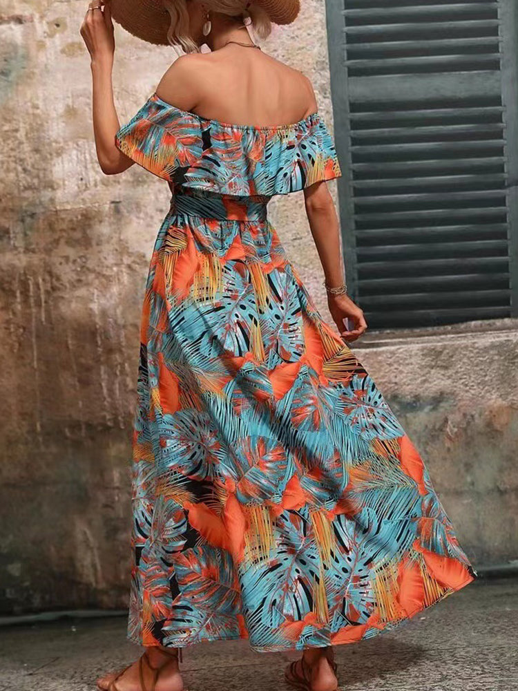 Backless Off Shoulder Slit Boho Maxi Dress