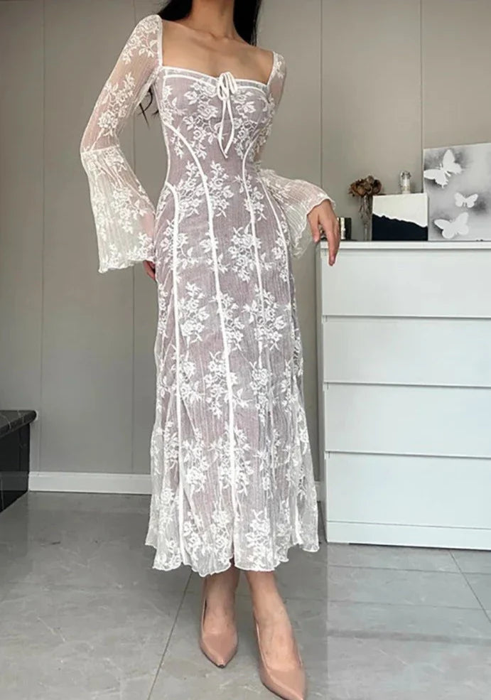 Luxe Vintage Square Collar Lace Long Sleeve Maxi Dress