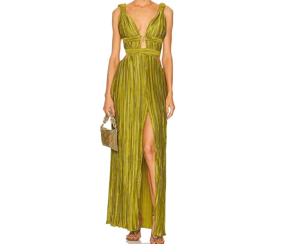 Luxe Elegant Luxury Sleeveless  Plunge V-Neck Pleated Maxi Dress