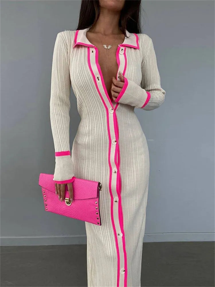 Patchwork Lapel Long Sleeve Maxi Dress