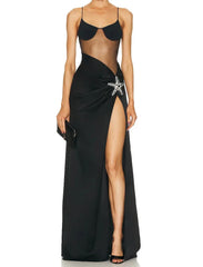 Luxe Starfish Embellished Mesh Black High Split Maxi Dress