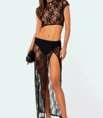 Lace Sheer Two Piece Set Crop Top And Side Split Maxi Skirt