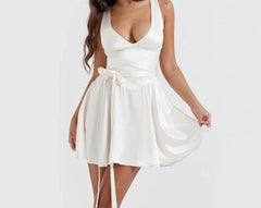 White Satin Summer V Neck A Line Mini Dress