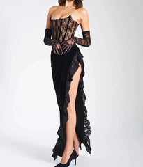 Lace Corset Asymmetric Slit Velvet Midaxi Dress