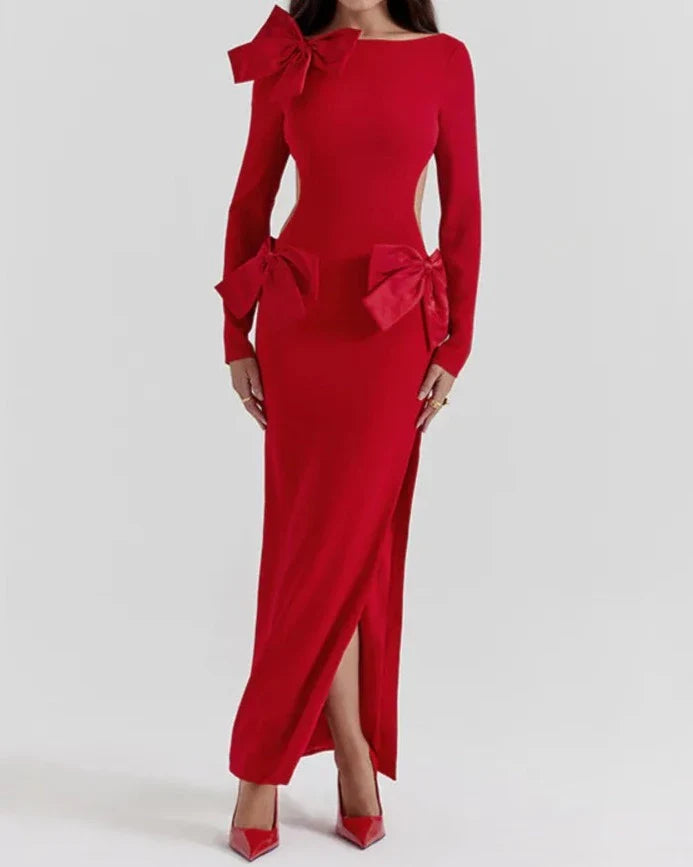 Luxe Bow Backless Long Sleeve Maxi Dress