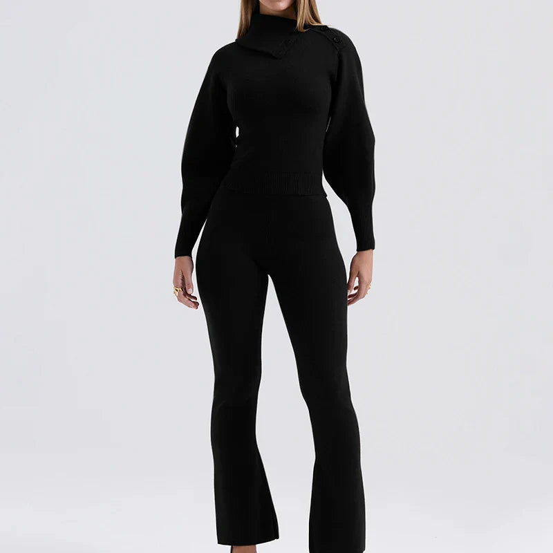 Two Piece High Neck Turn Down Collar and Flared Pants Knit Set