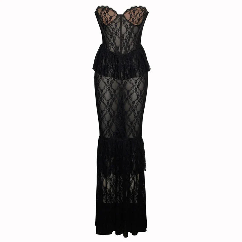 Strapless Sheer Floral Print Lace Bustier Maxi Dress