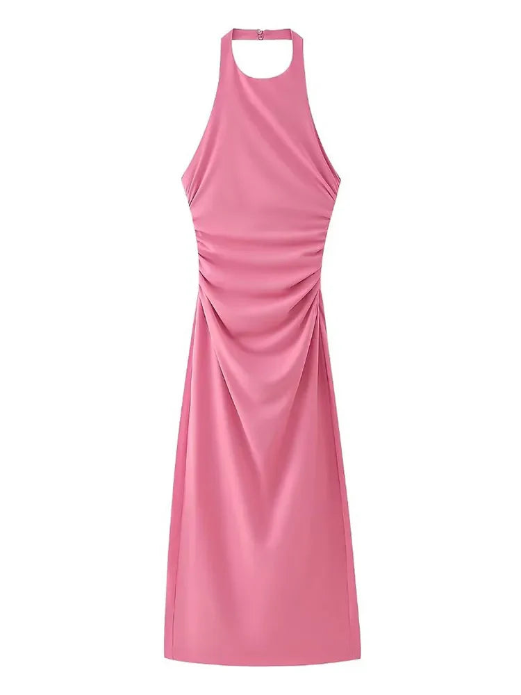 Halter Neck Backless Slit Sweet Pink Midi Dress