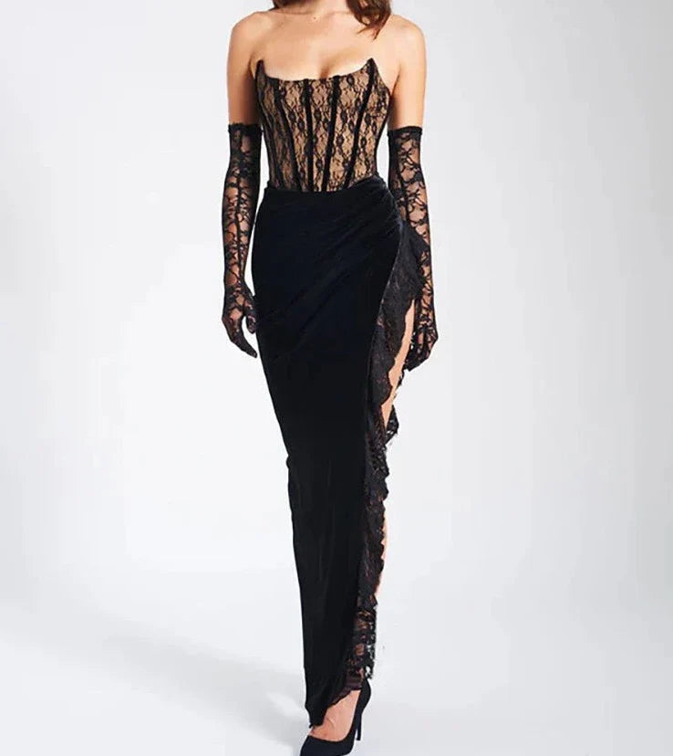 Lace Corset Asymmetric Slit Velvet Midaxi Dress