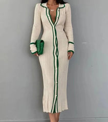 Patchwork Lapel Long Sleeve Maxi Dress