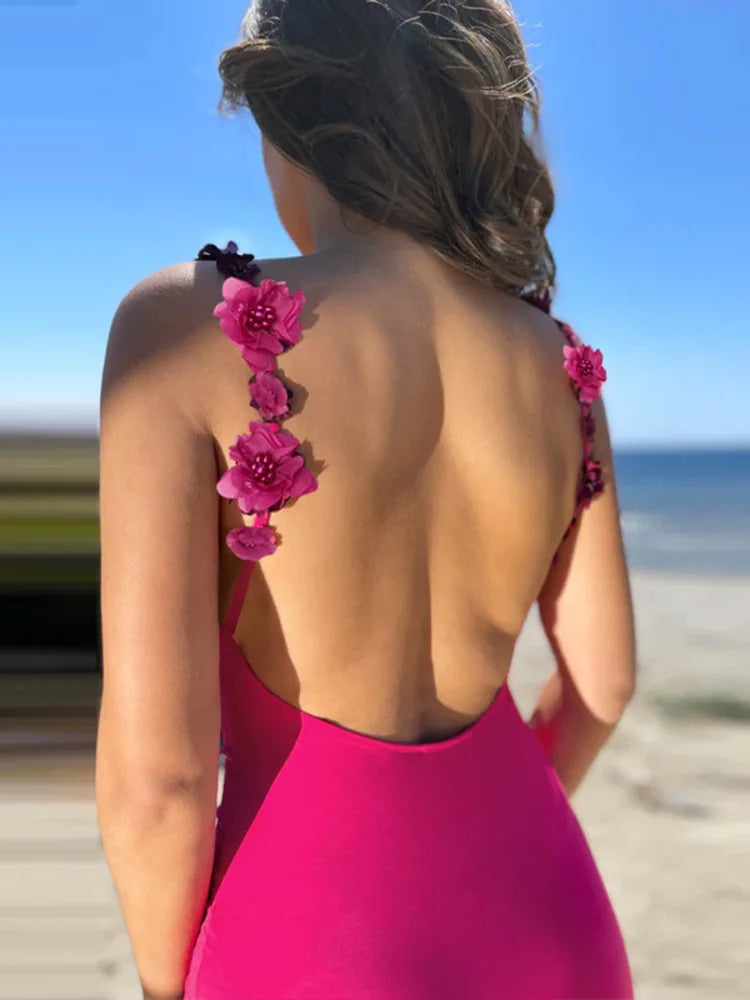 3D Flower Strap Backless Maxi Dress