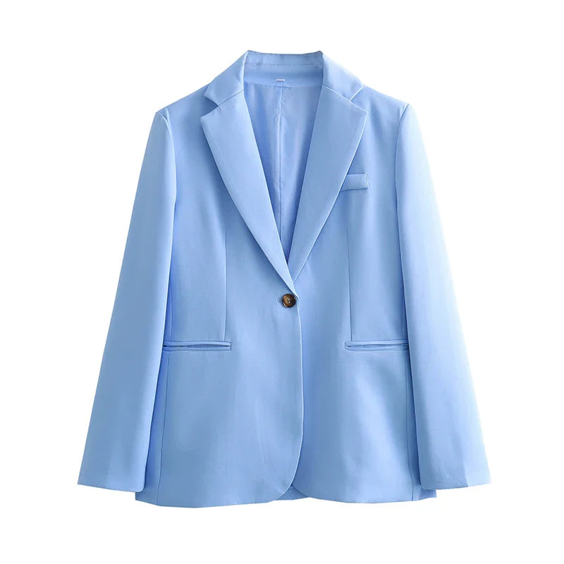 Spring Blue Single Button Wide Leg Pant Suit