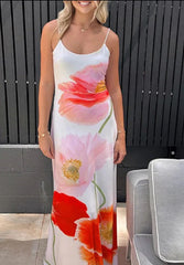 Backless Printed Flower Vacation Maxi Dress