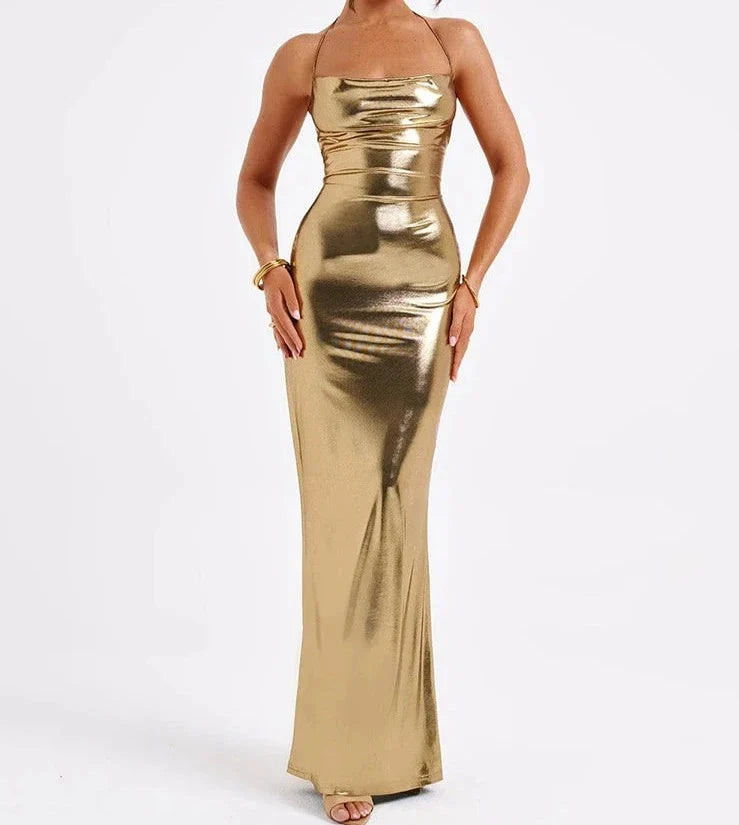 Metallic Backless Cowl Neck Maxi Dress