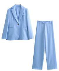 Spring Blue Single Button Wide Leg Pant Suit