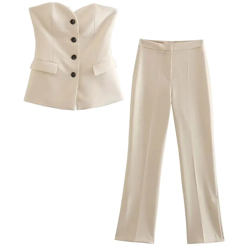 Strapless Button Straight Leg Pant Suit