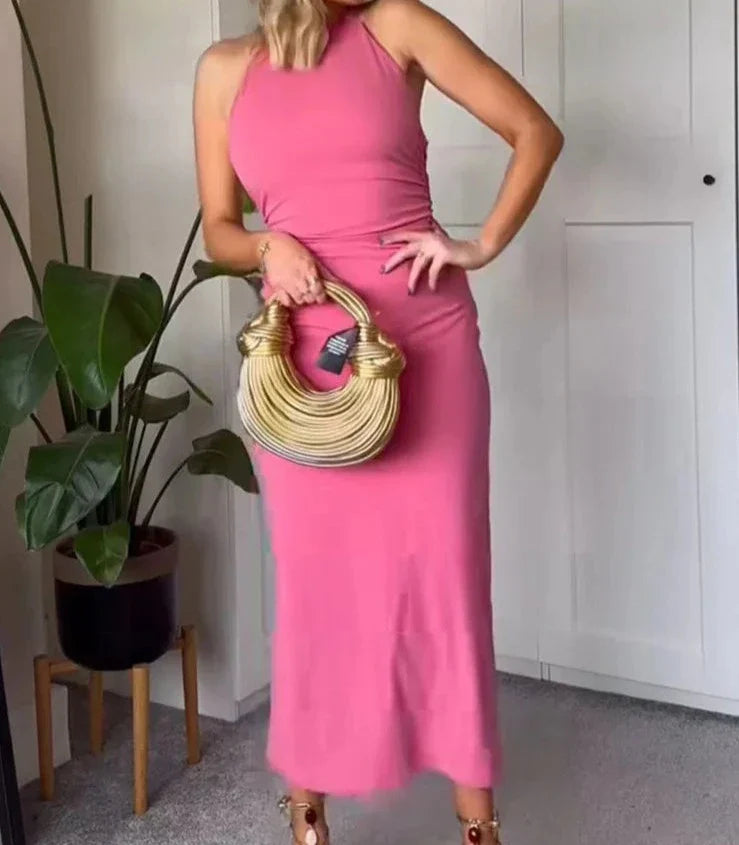 Halter Neck Backless Slit Sweet Pink Midi Dress