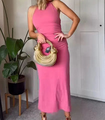 Halter Neck Backless Slit Sweet Pink Midi Dress