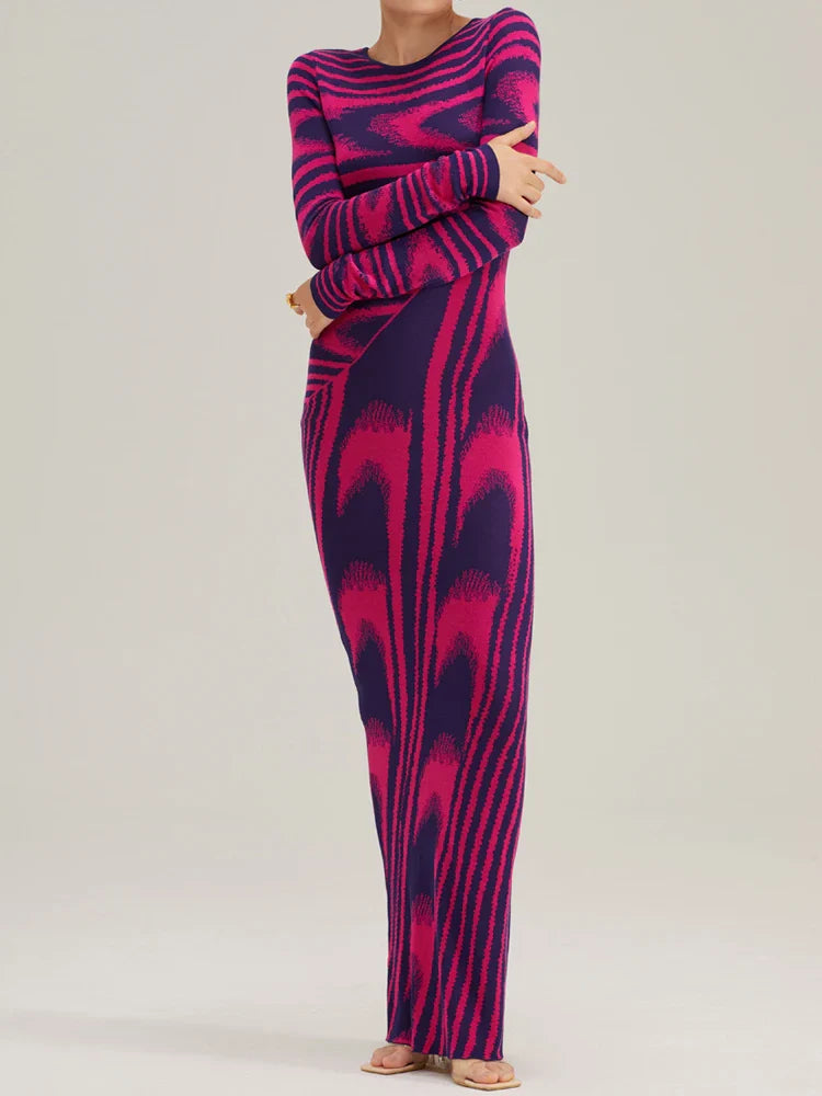 Abstract Long Sleeve Knitted Maxi Dress