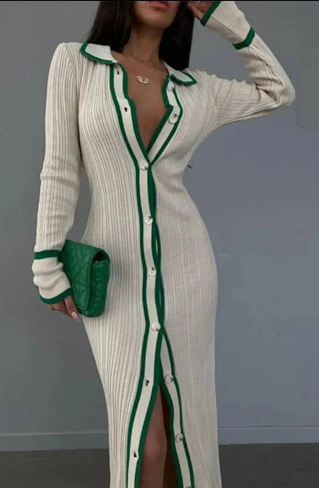 Patchwork Lapel Long Sleeve Maxi Dress