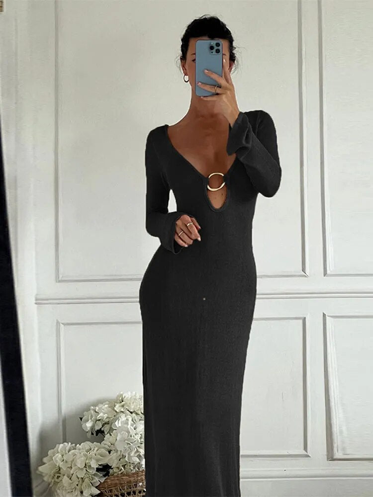 Deep V Neck Long Sleeve Backless Knitted Maxi Dress