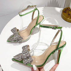 Green Dream Crystal Bow Pointed Toe Heels