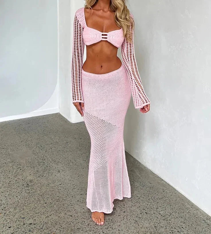 Crochet Knit Two Piece Crop Top and Maxi Skirt Set