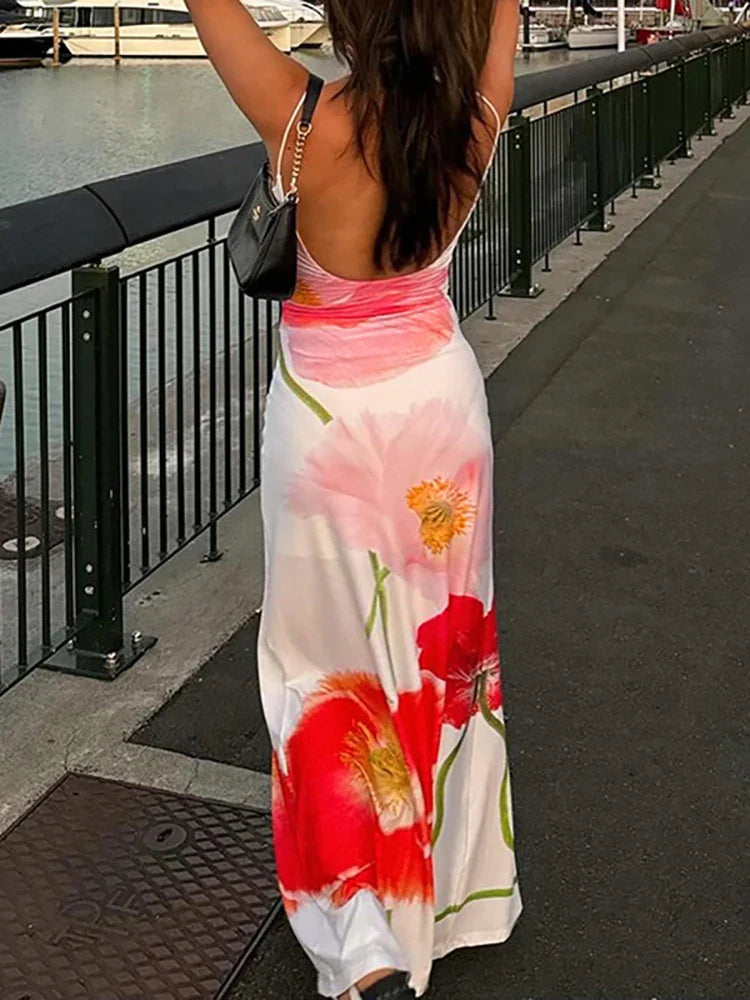 Backless Printed Flower Vacation Maxi Dress