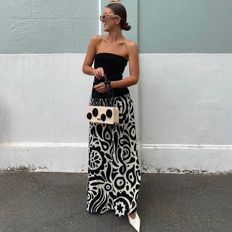 Monochrome Summer Strapless Maxi Dress