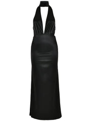 Deep Plunge Satin Backless Maxi Evening Dress