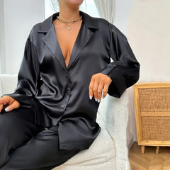 V Neck Silk Satin Pajamas Loungewear Two piece Set