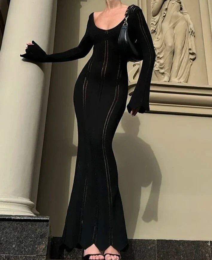 Knitted Sheer BlackLong Sleeved Maxi Dress