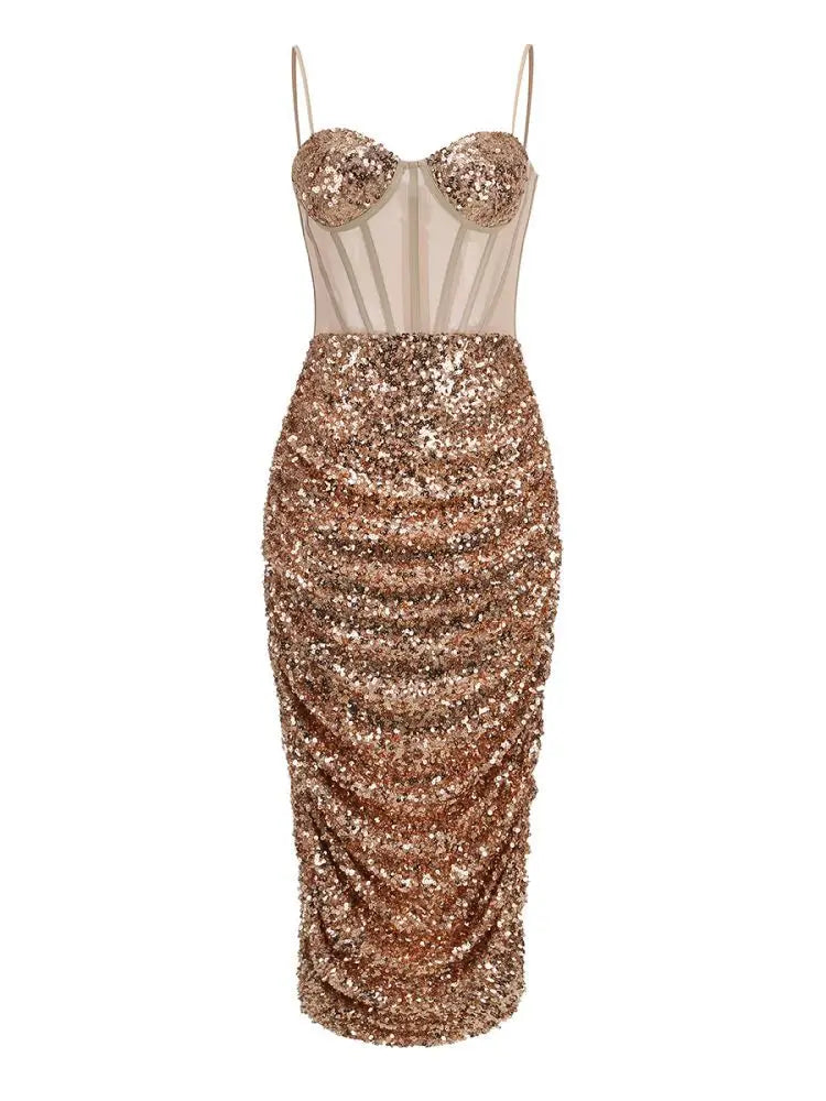 Luxe Bustier Sequined Mesh Dress