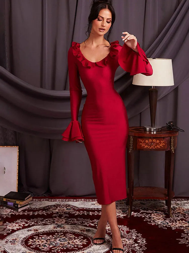 Low Cut Flared Sleeve Ruffled Gown Midi Dress