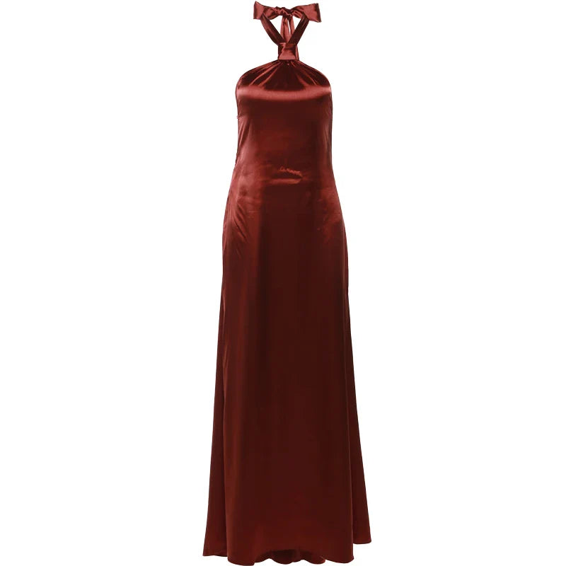 Satin Halterneck Backless Maxi Dress